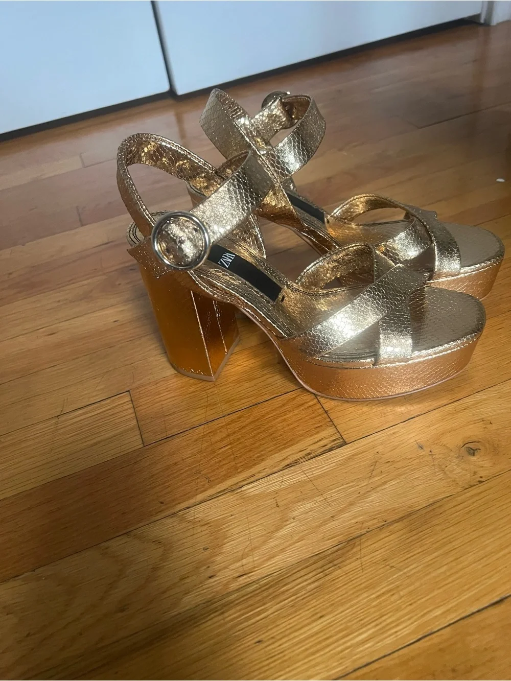 Zara Metallic Gold Platform Ankle-Strap Heels